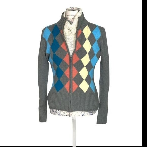 Gray Long Sleeve Full Zip Mohair Blend Argyle Pattern Cardigan - Picture 7 of 11